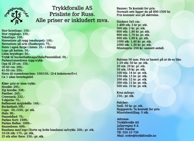 Prisliste Russ | TRYKKFORALLE